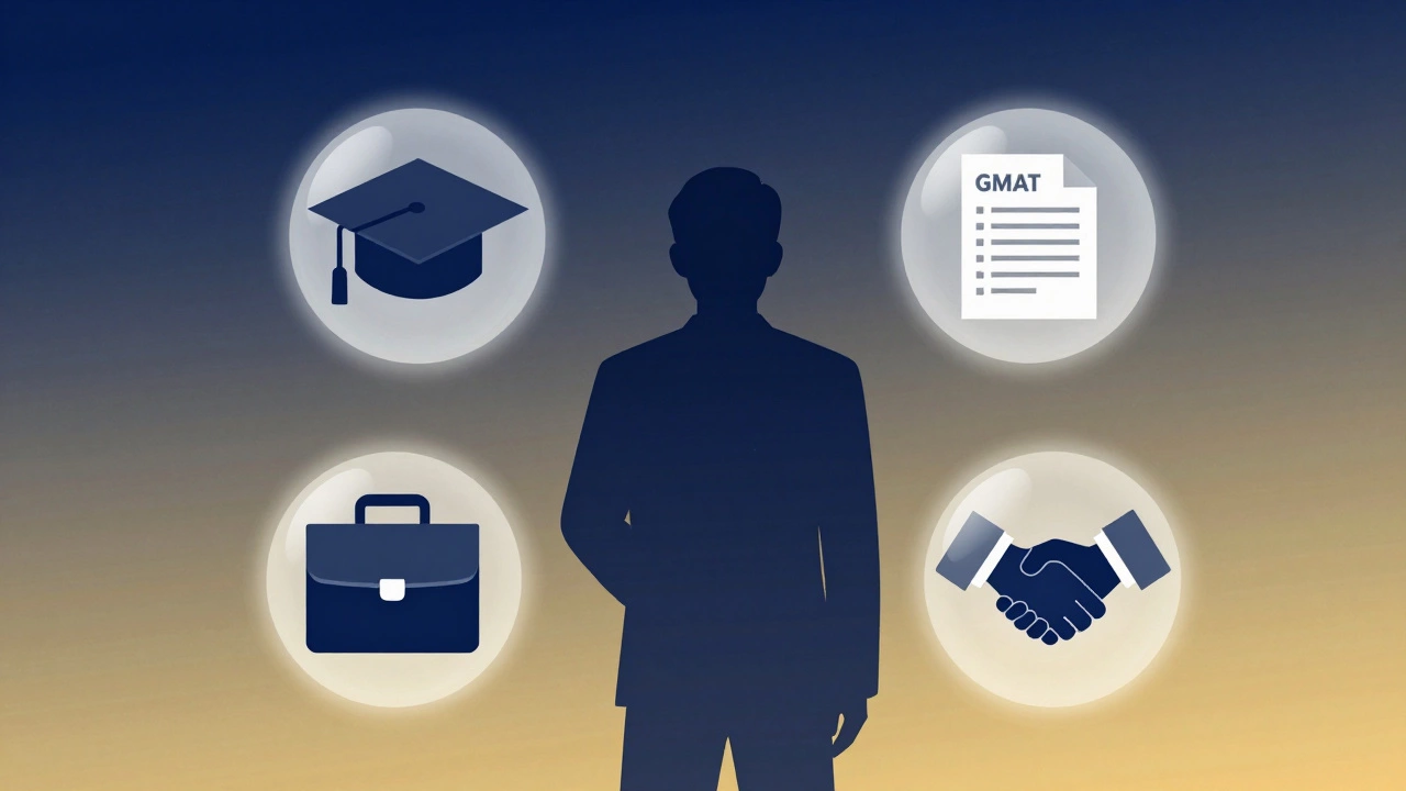 Illustration showing key MBA admission factors like GPA, work exp, and tests surrounding a candidate.