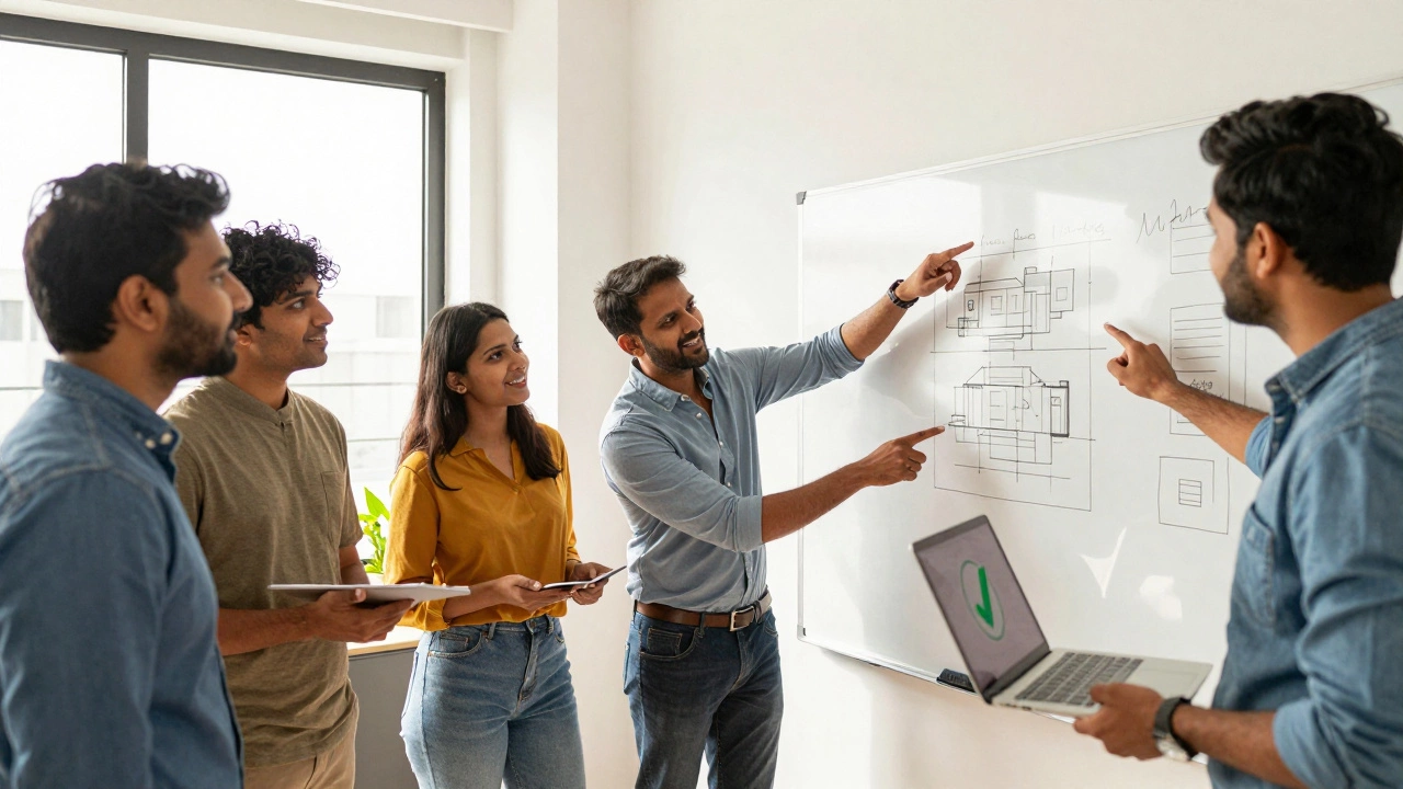 Indian developers collaborating happily in a bright modern workspace