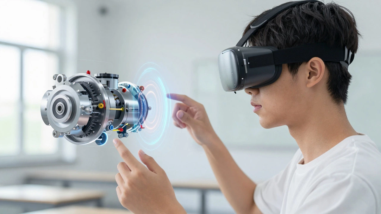 Learner using AR glasses to interact with a holographic mechanical engine model