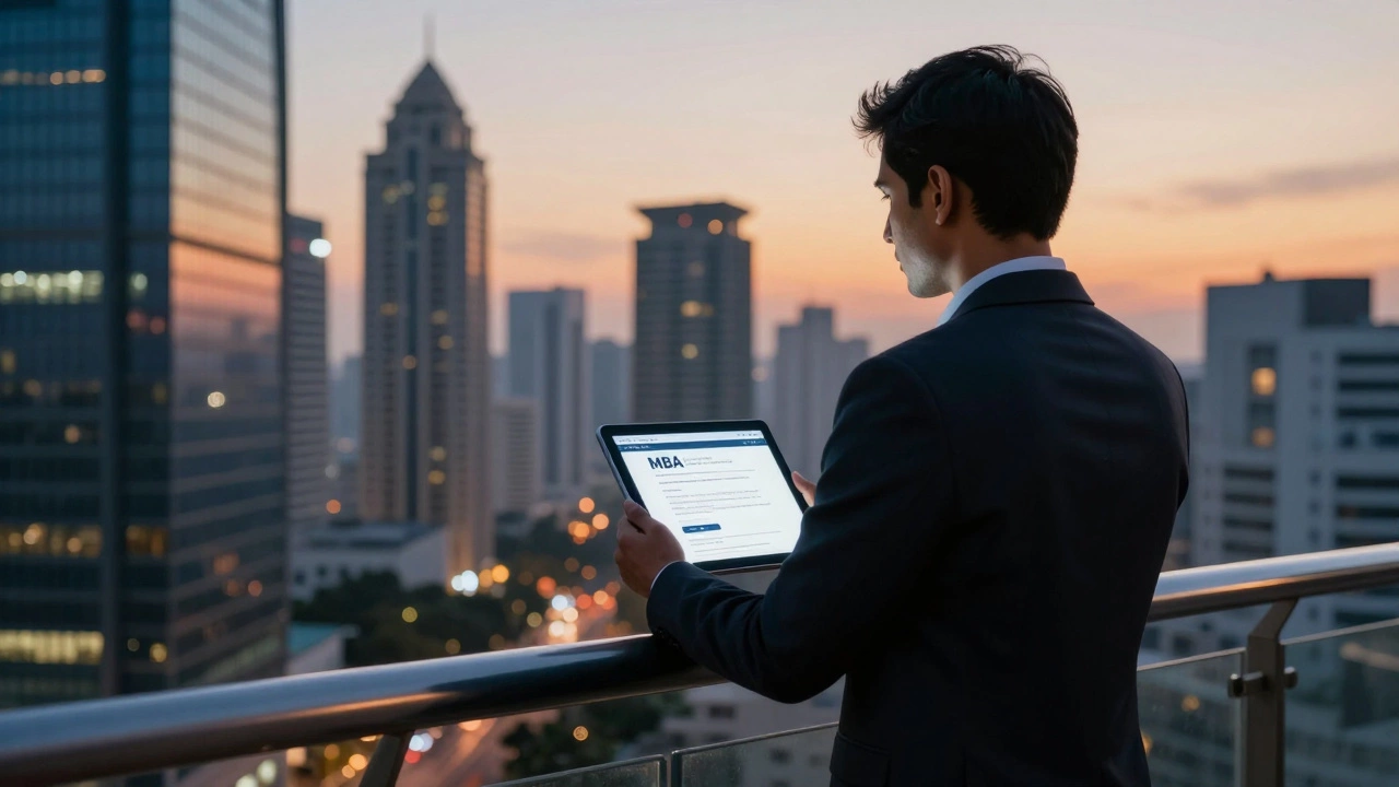 Professional looking over a city skyline at dusk, contemplating their MBA application journey.