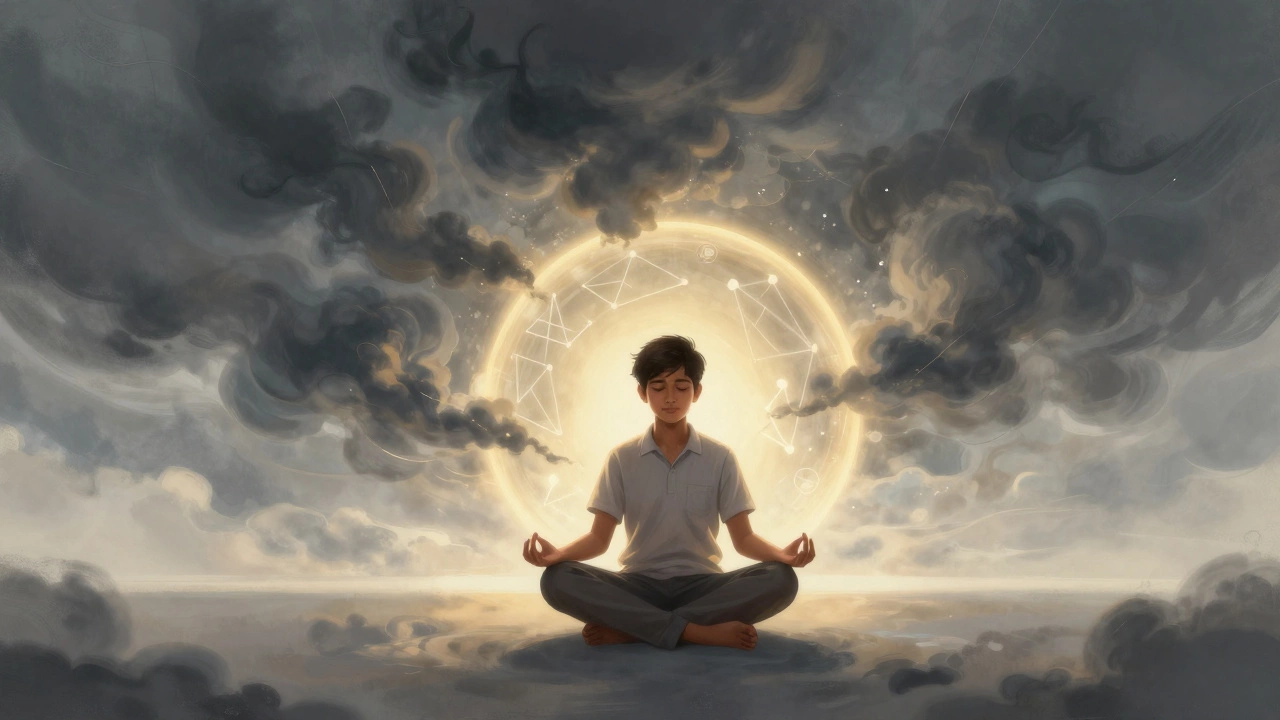 Student meditating calmly amidst abstract stress clouds