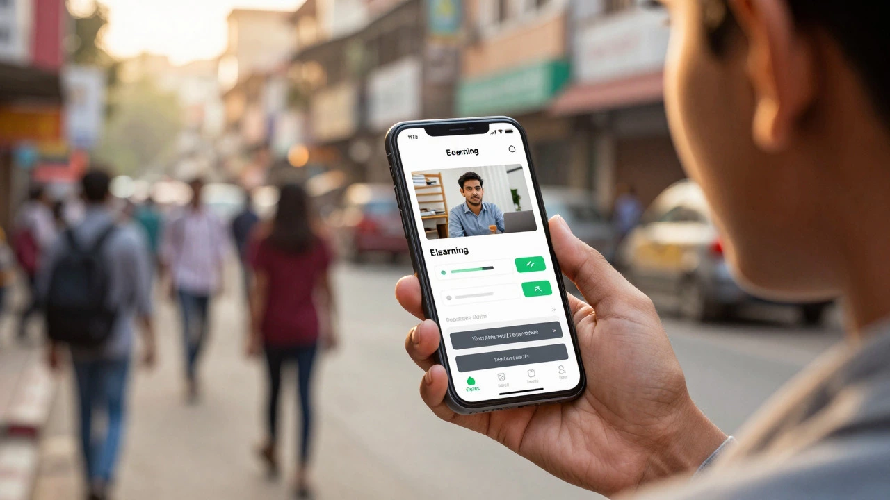 Student using a mobile-friendly e-learning app on a smartphone outdoors