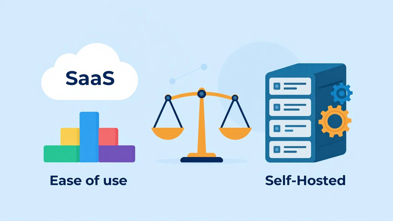 Vector graphic comparing SaaS cloud platforms versus self-hosted servers