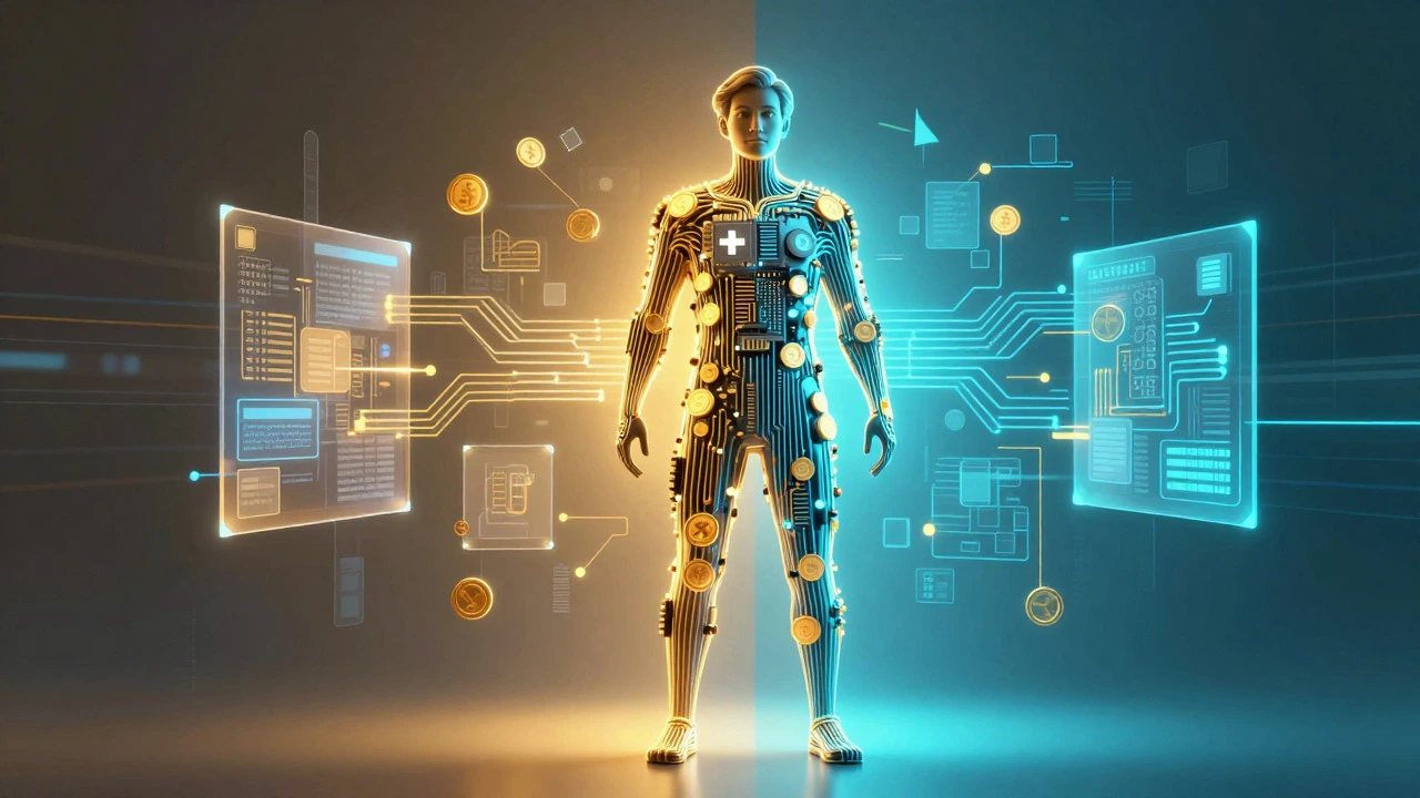 Abstract art showing a figure merging business icons with digital circuits