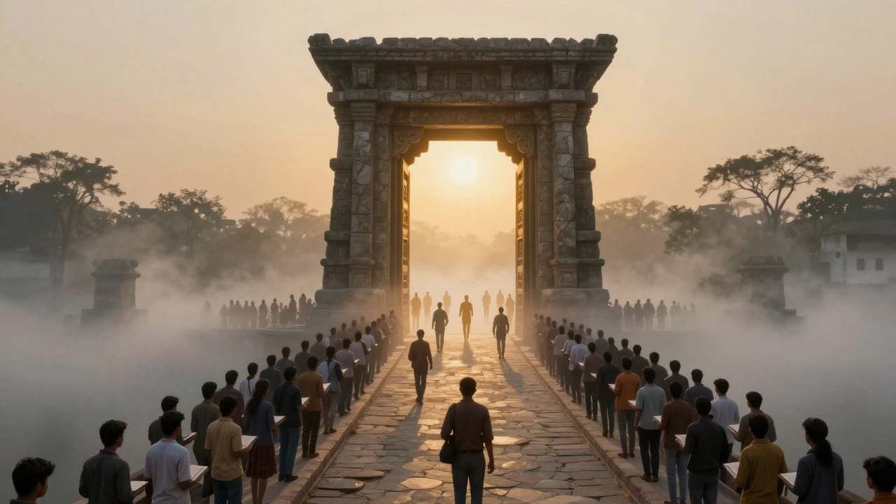 Crowd crossing a narrow bridge toward a gate, symbolizing India's tough entrance exams.