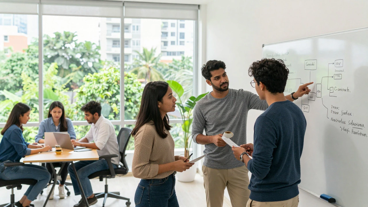 Diverse junior developers collaborating in a bright modern Indian co-working space