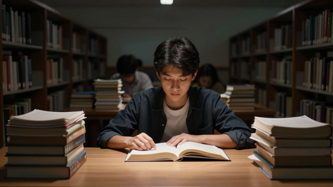 Focused student studying in a library with stacks of books