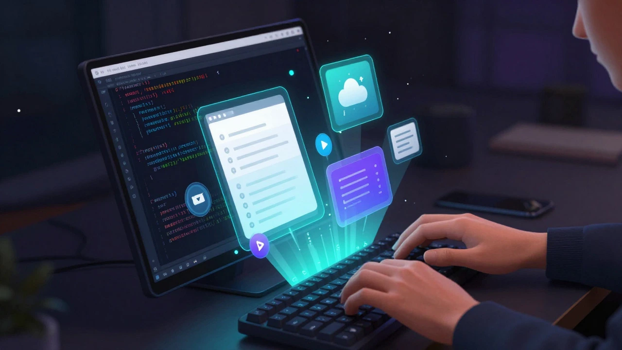Holographic web apps emerging from laptop screen representing project building