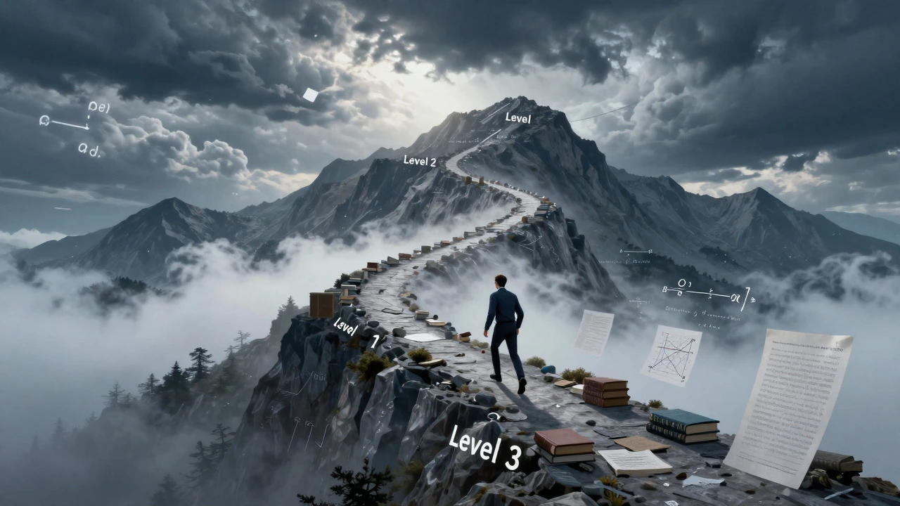 Runner climbing a mountain of financial charts representing the difficult CFA journey.