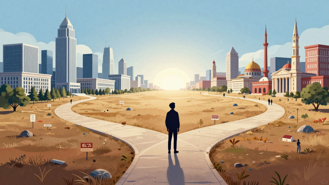 Split path illustration representing choices between aptitude and language exams