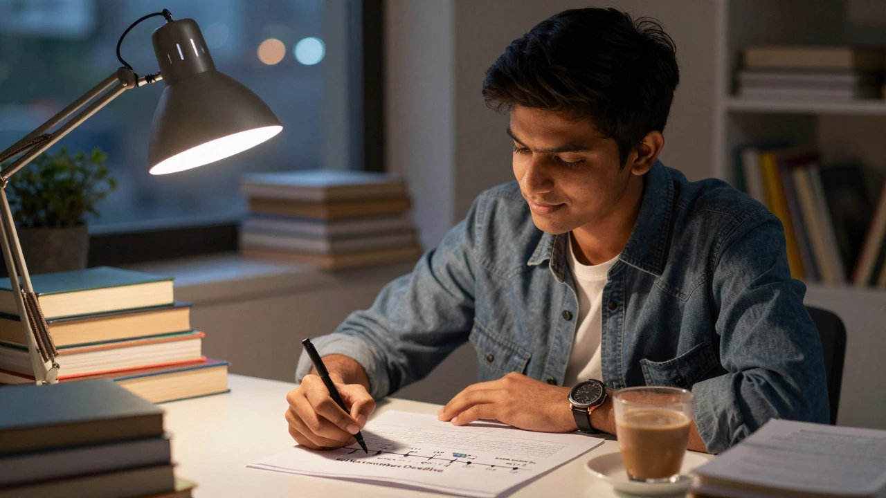 Student studying with application timeline on desk