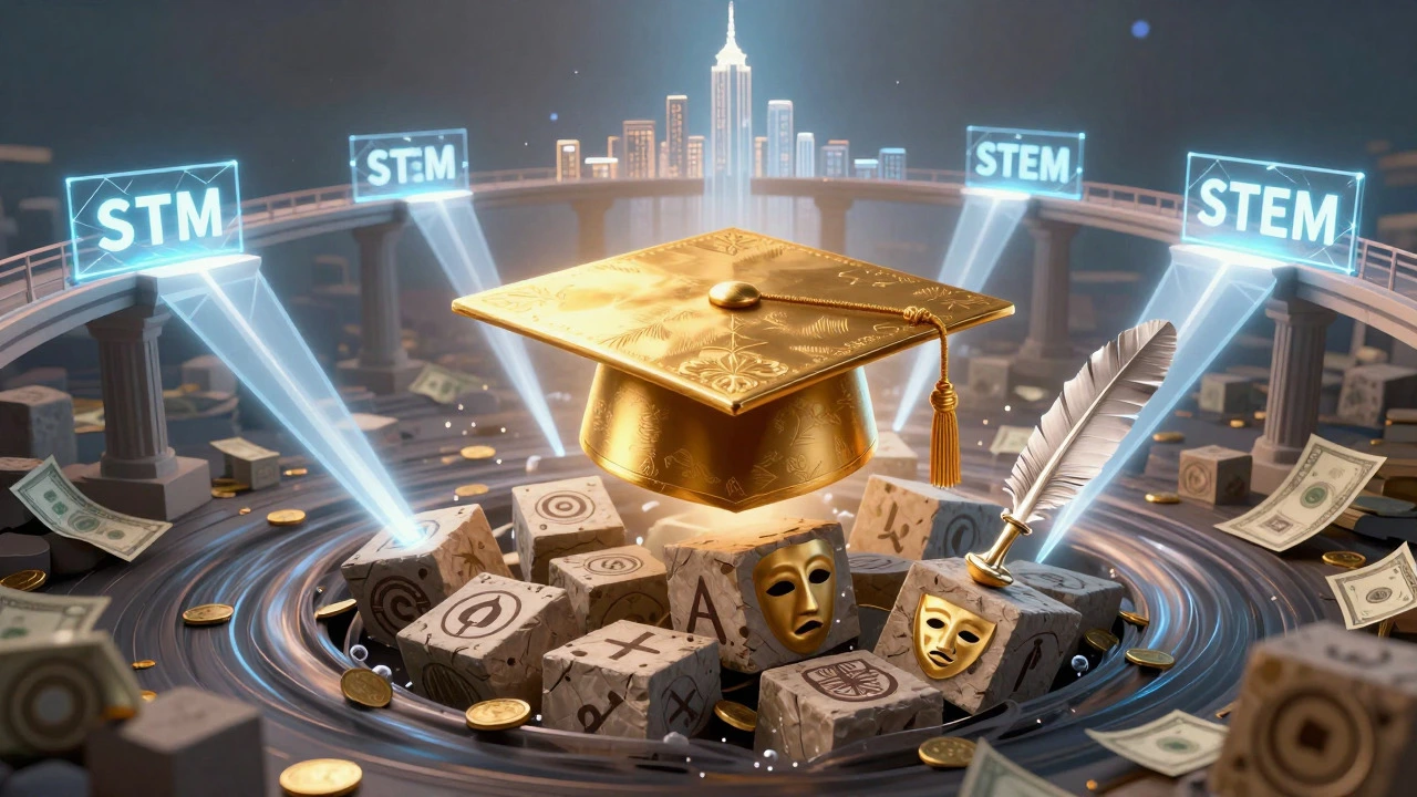 Surreal conceptual art showing humanities degrees sinking while STEM paths rise towards success.
