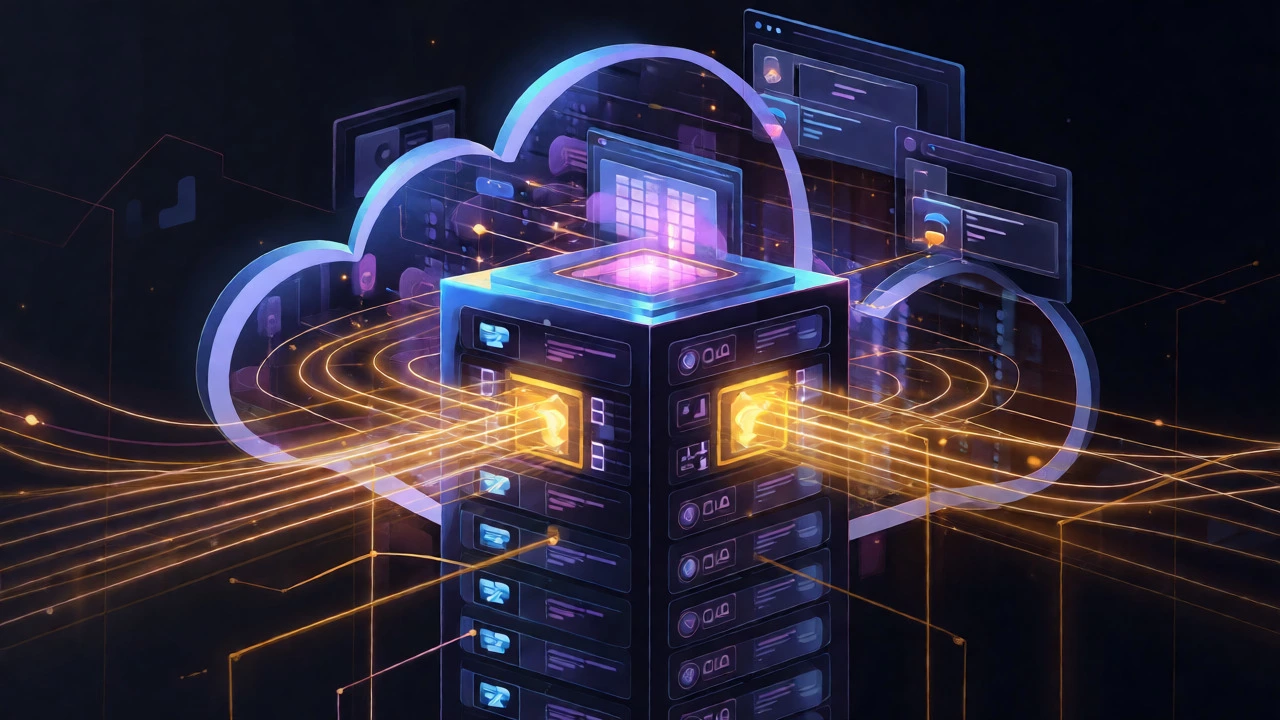 Abstract visualization of glowing data streams flowing through a structured backend server infrastructure.