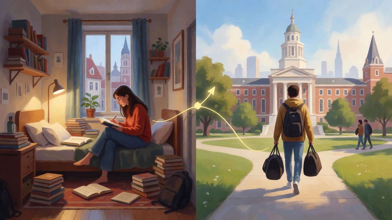 Artistic split view comparing one-year European and two-year US MBA lifestyles