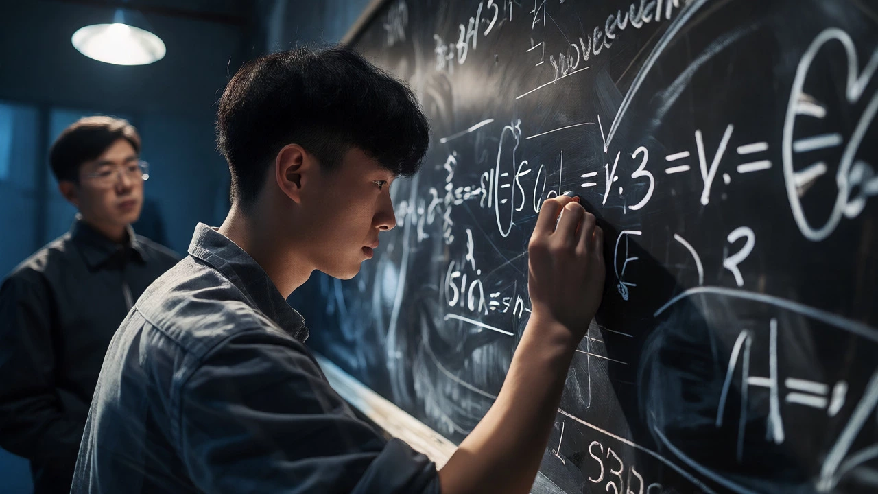 Chinese student solving complex proofs at an olympiad