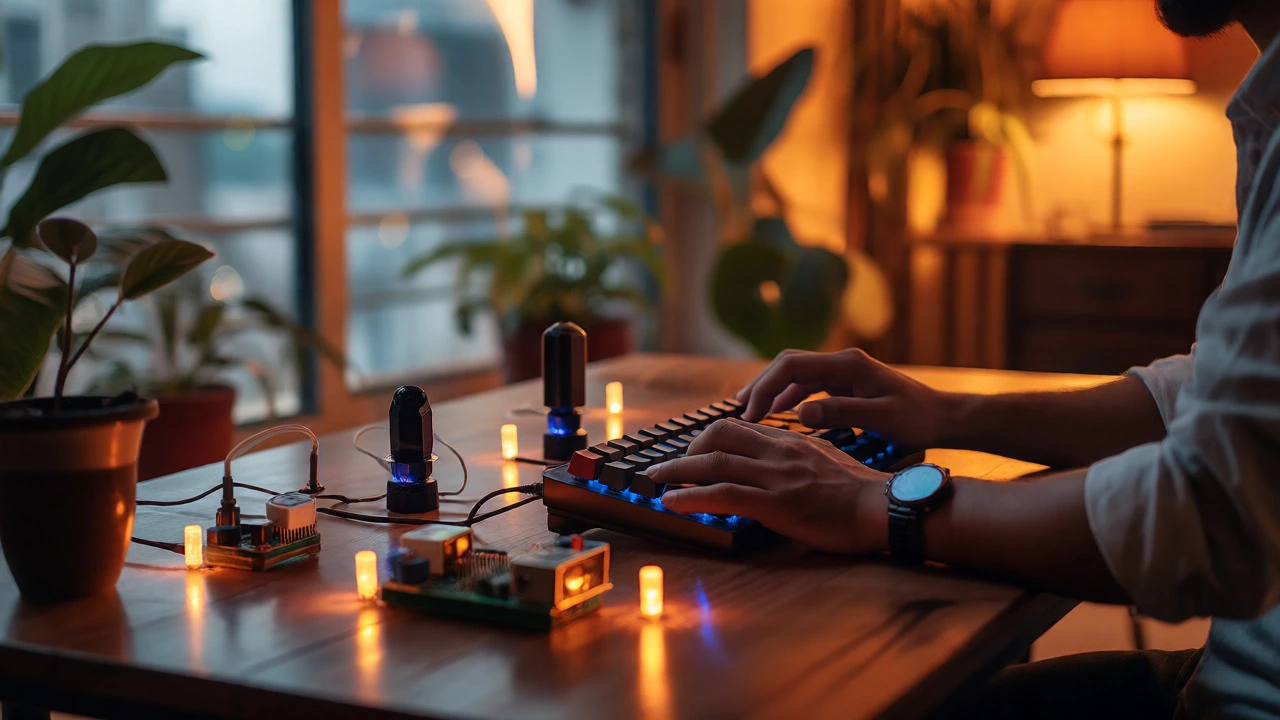Developer coding on a Raspberry Pi setup with illuminated IoT sensors in a cozy home office environment.