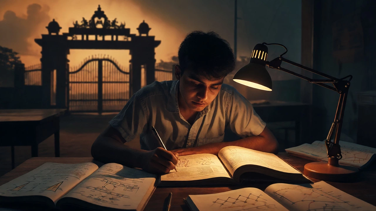Focused student studying physics and math concepts late at night