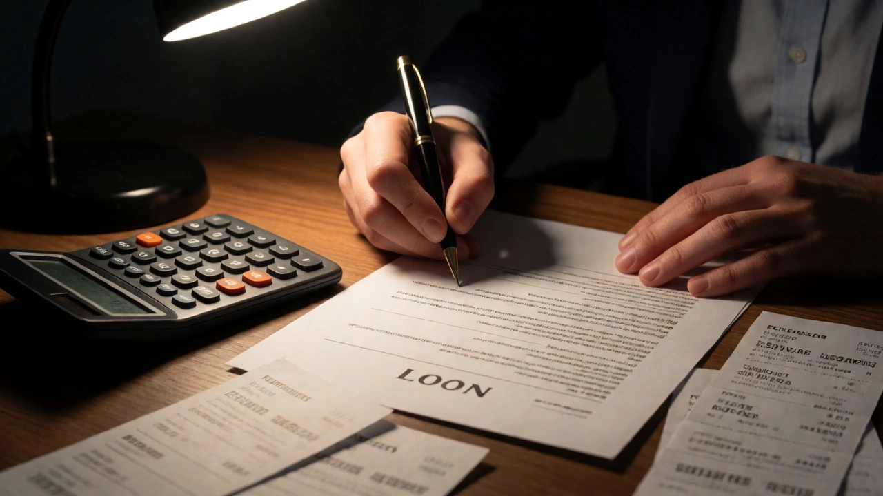 Hand signing MBA loan agreement with calculator and receipts nearby