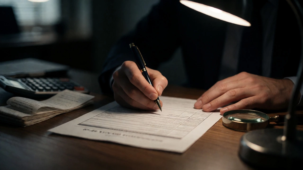 Hands filling out security clearance forms with financial documents