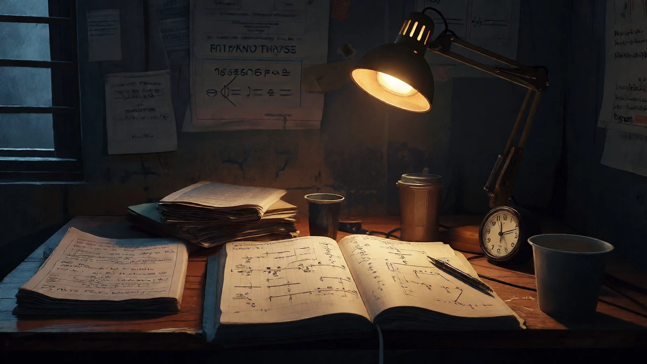 Student studying complex formulas late at night under a single desk lamp