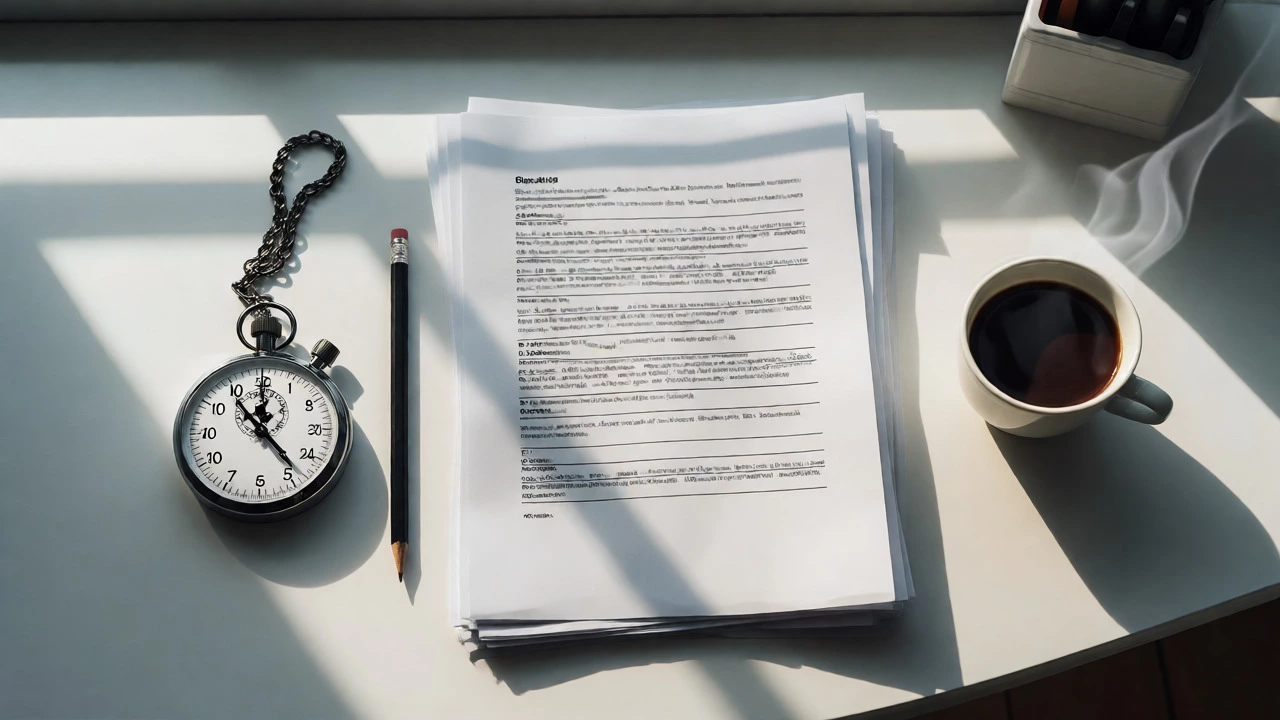 Top-down view of study materials and a stopwatch