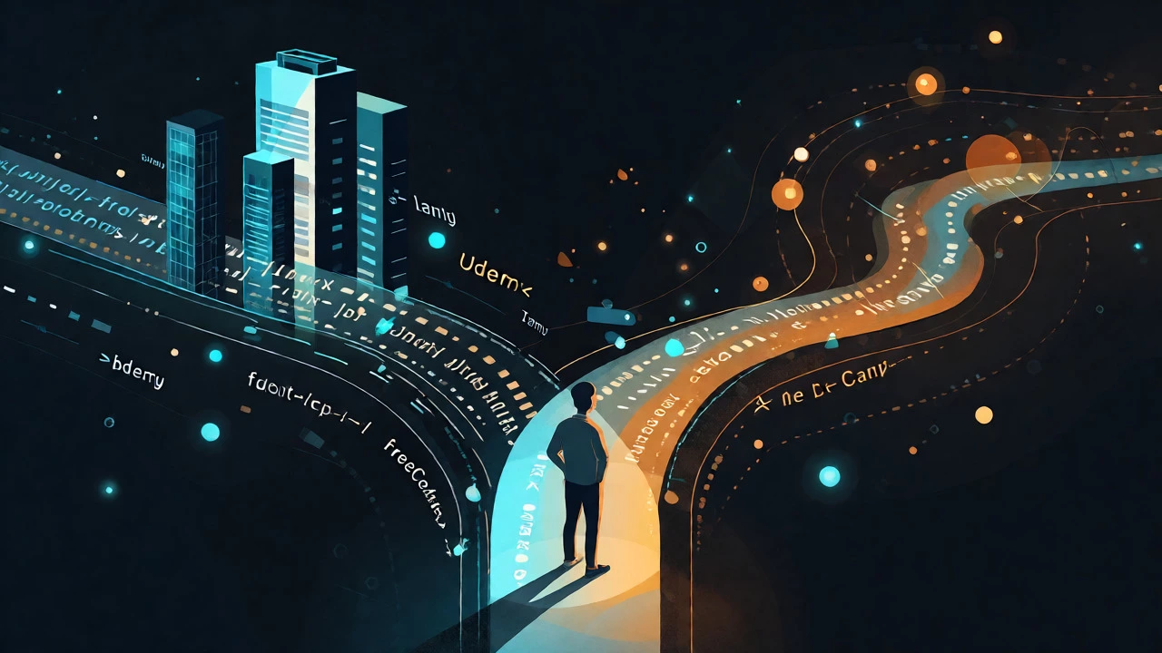 Conceptual art showing a choice between career-focused and casual coding paths