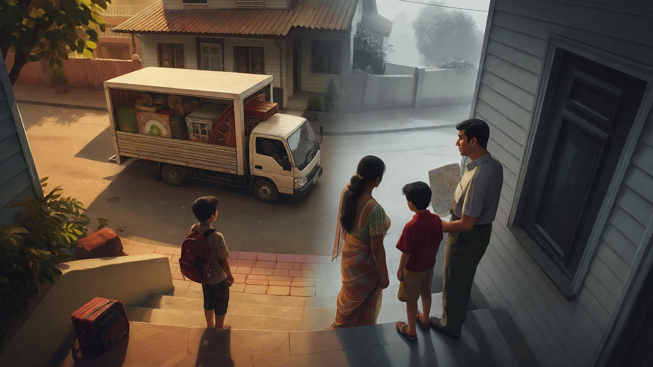 Family packing for a transfer, highlighting the disruption to home and schooling.