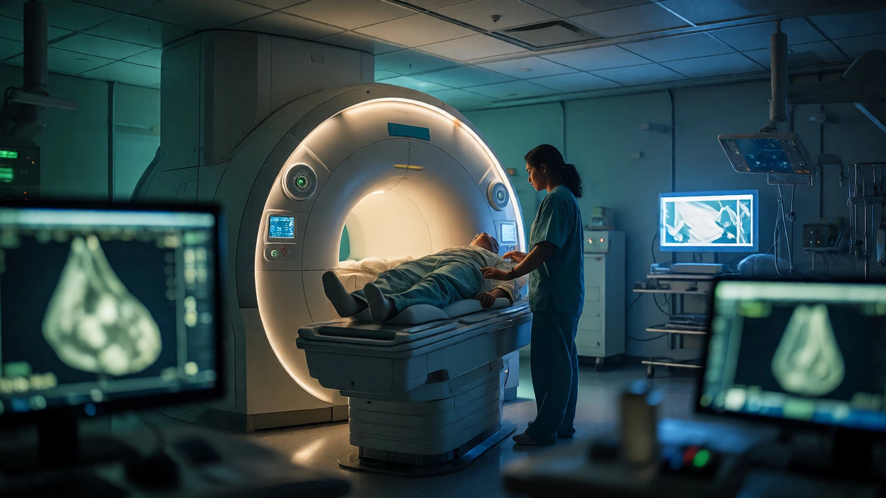 Female radiologic technologist operating an MRI machine in a clinical setting