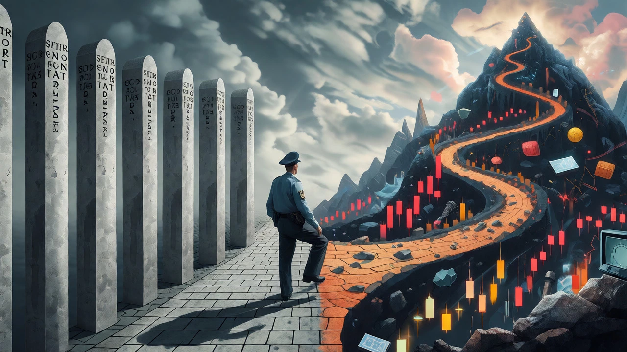 Officer standing at a symbolic crossroads between stable bureaucracy and dynamic private sector.