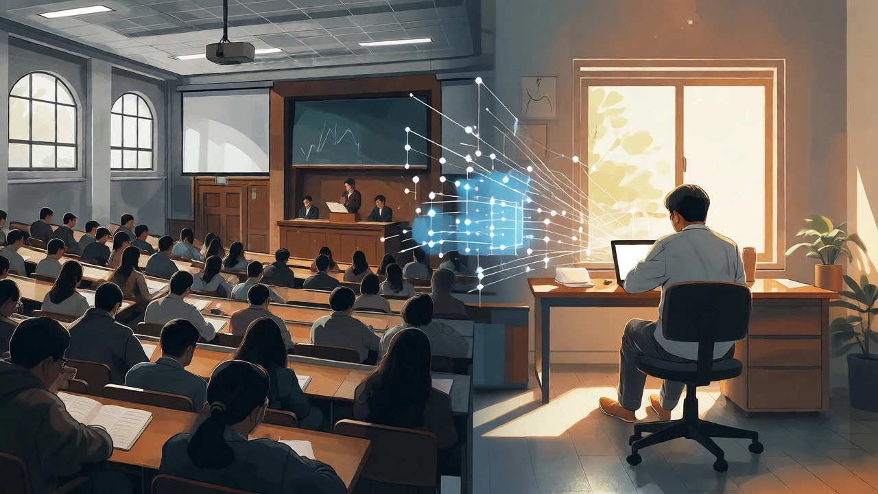 Split image comparing a traditional lecture hall with a flexible home study environment.