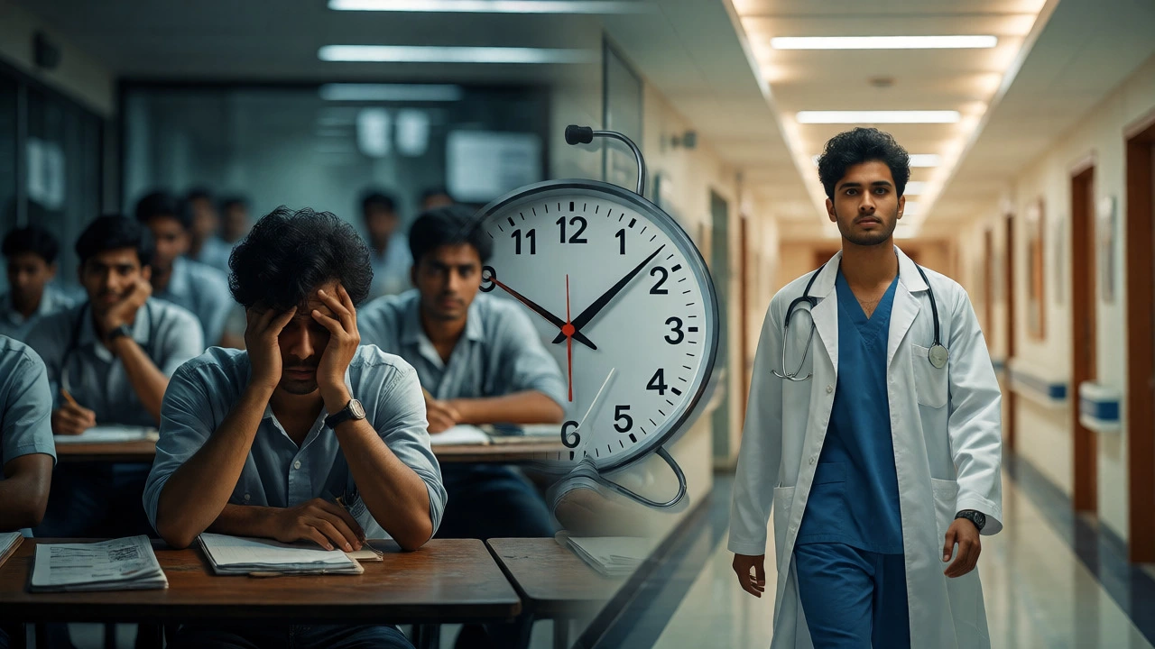 Split view of a lonely student in class and successful doctor in hospital