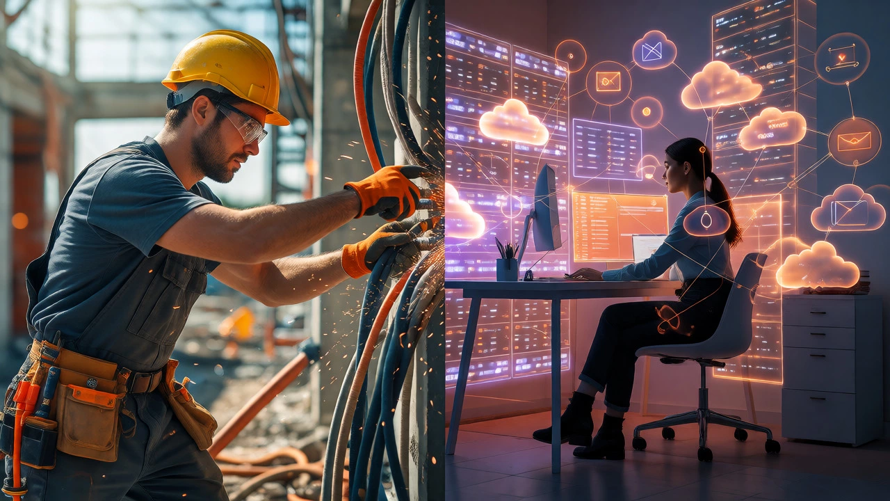 Split view showing an electrician at work and a cloud engineer in a tech environment