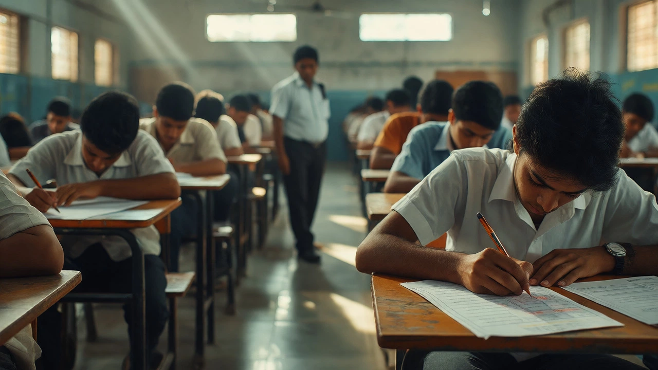 Students taking CBSE board exams in a quiet examination hall