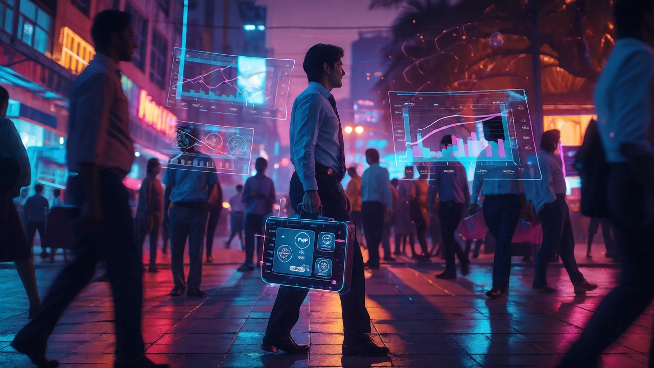 Urban professional with holographic PMP and CISSP icons at night